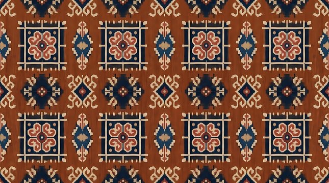 Ethnic ikat seamless pattern with geometric motifs on brown backdrop