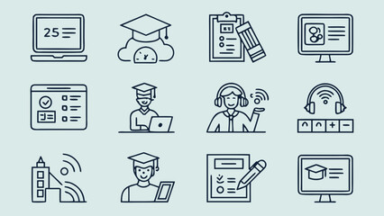 Fototapeta premium Online education and virtual learning line icon set with e learning, education