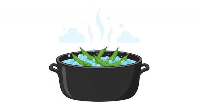 Vector Illustration of Fresh Green Beans Boiling in a Black Cooking Pot with Rising Steam and Water Bubbles on White