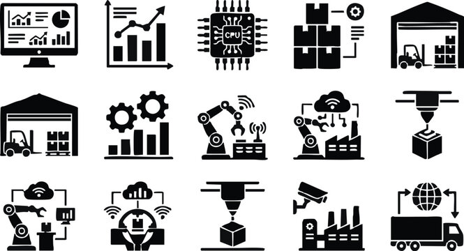 Smart Industry 4.0 Glyph Icons Set, 15 Industrial Automation and Logistics Vectors, Black Solid Manufacturing and Supply Chain Symbols