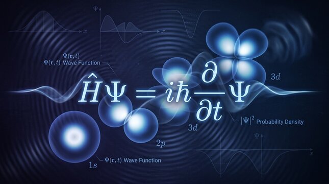 Quantum Mechanics Concept with Schrodinger Equation, Atomic Orbitals, and Wave Functions on a Dark Blue Scientific Background