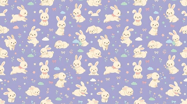 Cute bunny seamless pattern with stars and clouds on purple background