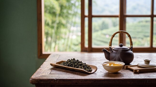 Traditional tea ceremony setup with teapot and steaming cup overlooking a lush plantation