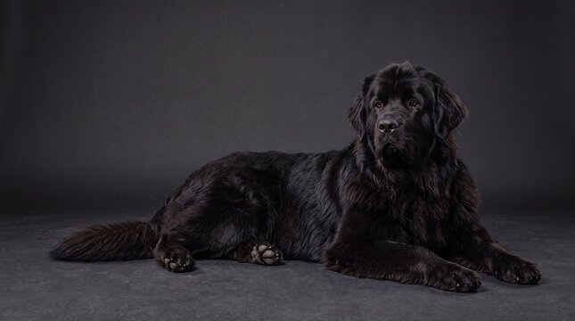 Large black Newfoundland dog resting on a dark studio floor with a calm expression