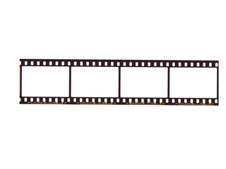Fototapeta premium A strip of four empty 35mm frames with sprocket holes, dark brown borders, and orange frame numbering on a white background