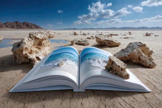 Open book resting on cracked earth surrounded by rocks and blue skies near mountains