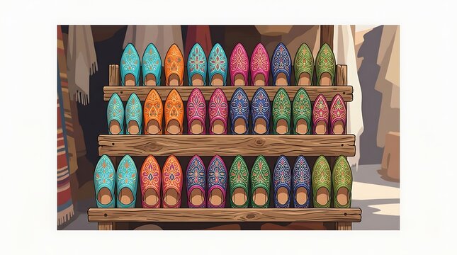 Vibrant embroidered slippers on wooden market display shelves