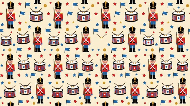 Festive toy soldier and drum seamless pattern in red and blue
