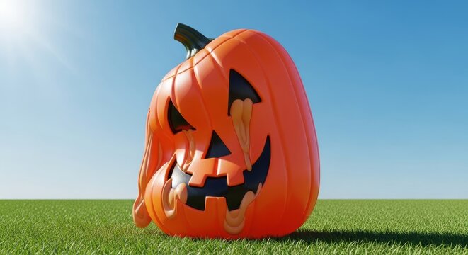 A bright orange plastic pumpkin lantern sags and droops under a scorching sun with its features distorted by extreme heat on a sunny lawn, carved, festive, yard