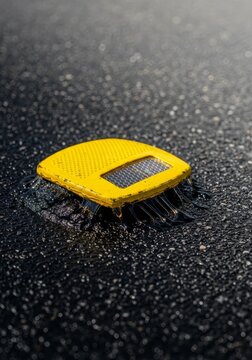 A close-up of a yellow reflective road stud dislodging from melting black asphalt during a heatwave, showing soft texture and sticky tar, climate, urban, black