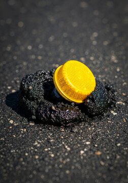 A close-up of a yellow reflective road stud dislodging from melting black asphalt during a heatwave, showing soft texture and sticky tar, heat, damage, outdoor