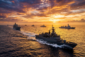Fototapeta premium Fleet of naval warships sailing on ocean at sunset