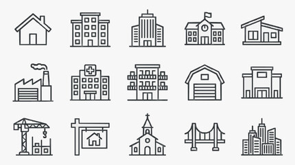 Fototapeta premium Dynamic Set of Black and White Line Icons Showcasing Various Buildings and Structures for Design Projects