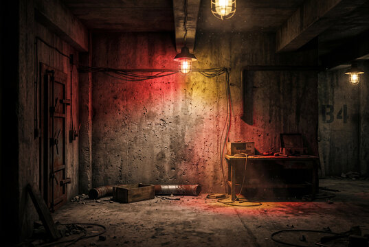 Dark grungy industrial basement room with red lighting and old equipment