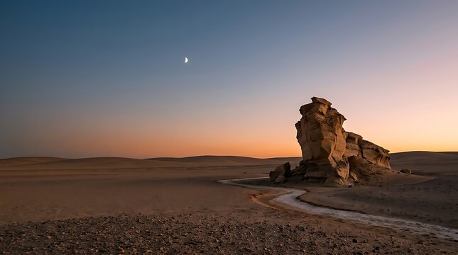 Desert landscape with a giant rock under a crescent moon at twilight