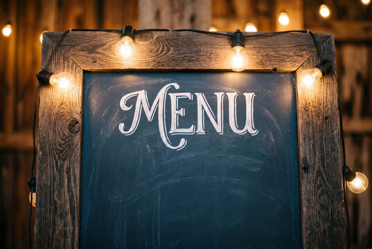 Rustic menu chalkboard sign with decorative string lights