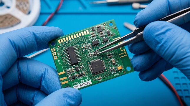 Gloved hands repairing a printed circuit board with tweezers at a tech workstation