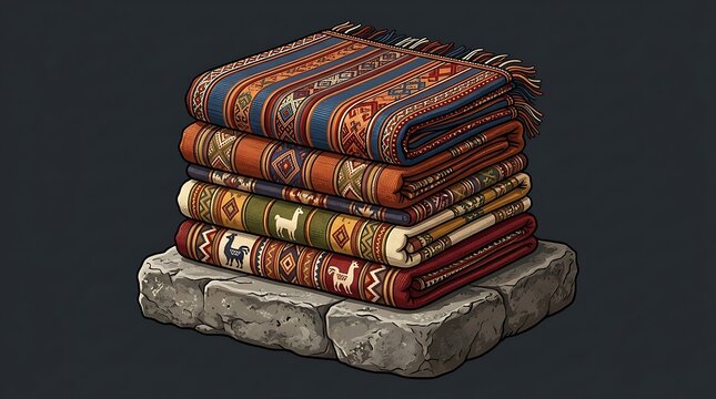 Stack of traditional andean blankets with llama patterns on stone