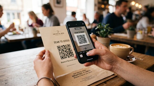 Customer using smartphone to scan a QR code on a menu in a cafe or restaurant for contactless ordering and payment