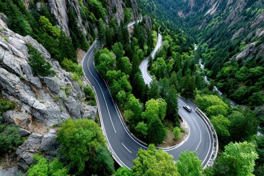 Winding mountain road through lush green forest