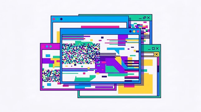 Retro digital glitch art featuring stacked computer windows