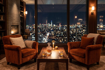 Obraz premium Luxury lounge interior with armchairs and night city skyline