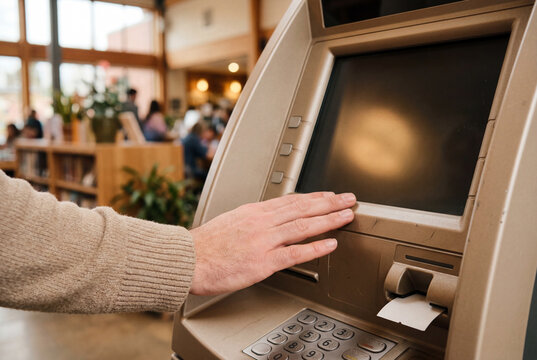 A man uses his hand to interact with the touch screen of a modern ATM machine inside a building