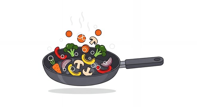 Colorful vegetable stir fry in a hot frying pan vector illustration for kitchen culinary concept and healthy lifestyle