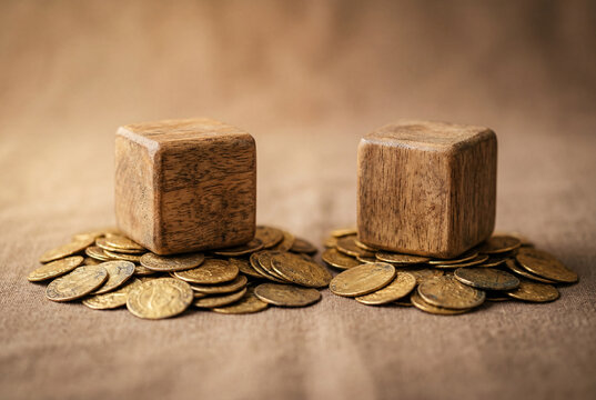 Two blank wooden cubes sitting on separate piles of gold coins upon a textured fabric surface