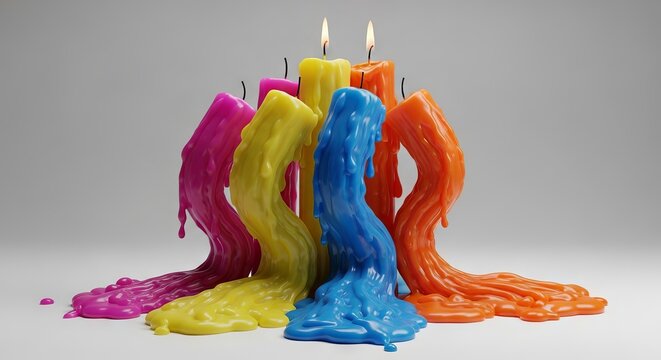 A cluster of elegant, warped paraffin wax candles drooping and bending under intense indoor heat, creating a melted and distorted display, interior, decor, collapse
