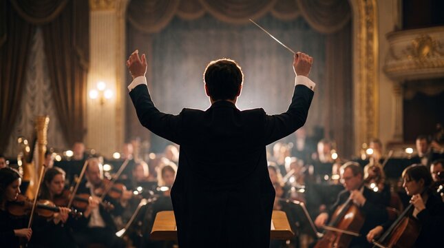 Back view of a professional conductor leading a symphony orchestra during a classical music performance in an ornate theater