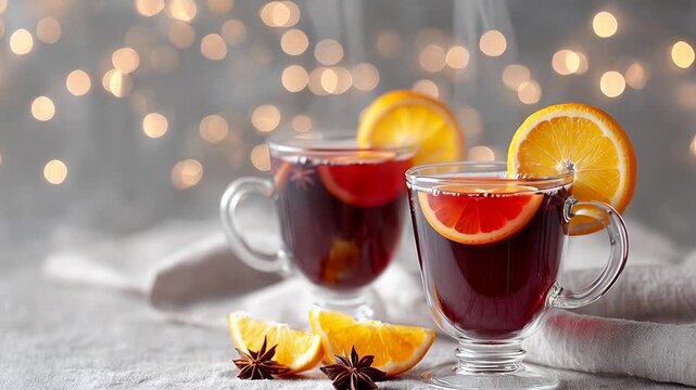 Festive mulled wine with orange slices and star anise in glass mugs