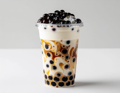 Brown sugar bubble tea with caramel syrup and tapioca pearls in clear plastic cup on white background