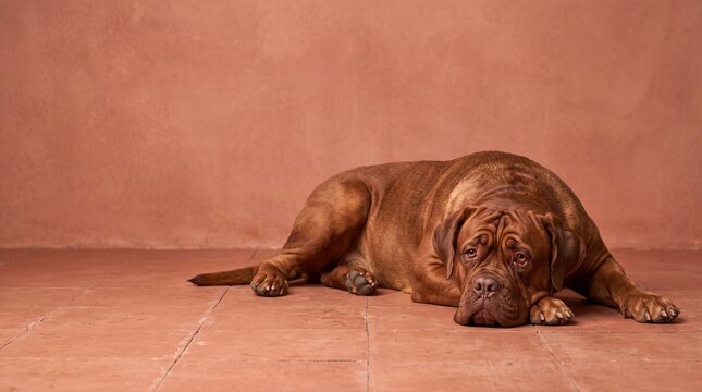 Large Dogue de Bordeaux dog lying on a terracotta tiled floor with a sad expression