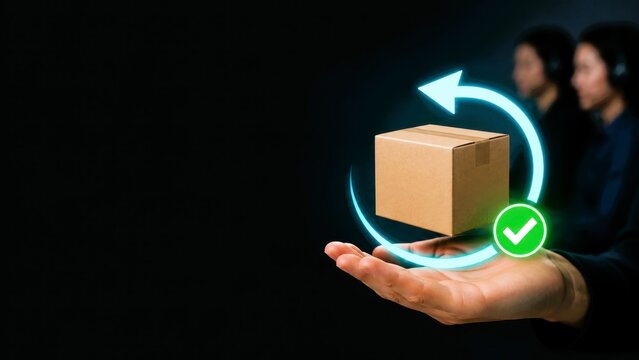 Online shopping return package delivery logistics cardboard box hand check icon ecommerce order fulfillment consumer service purchase refund delivery