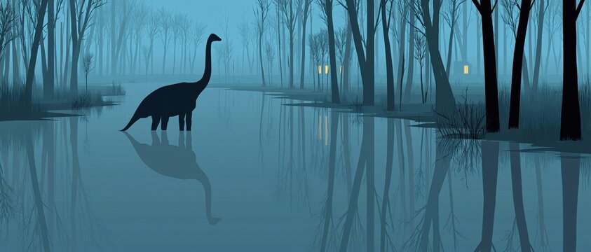 A brontosaurus silhouette stands in calm water with tree reflections under a misty blue background.