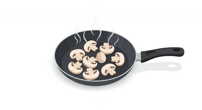 Delicious sliced champignons frying in a pan with steam, vector illustration of healthy cooking on white background.