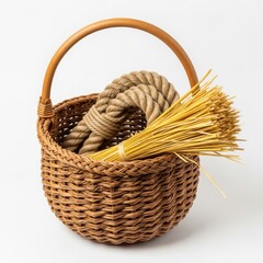 Obraz premium Woven basket with berries and wheat bundle