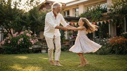 Fototapeta premium Grandfather and Granddaughter Dancing Together in Garden