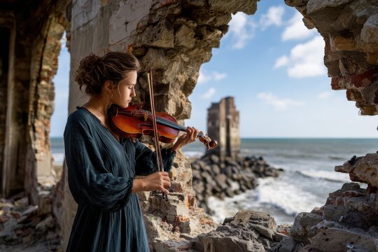 Musician plays violin near ruins by the ocean during a bright, sunny day