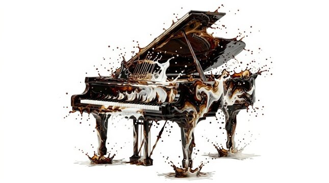 Grand piano crafted from splashing coffee and cream. Artistic liquid sculpture of musical instrument in motion.