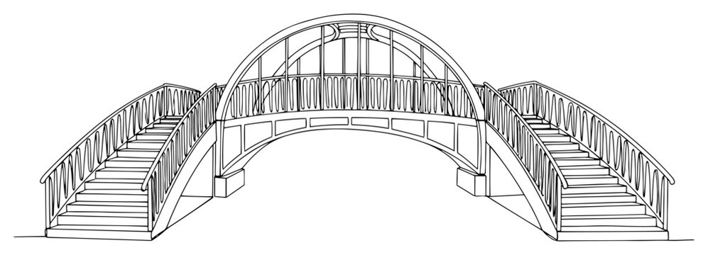 Pedestrian arch bridge with side stairs in continuous line drawing style