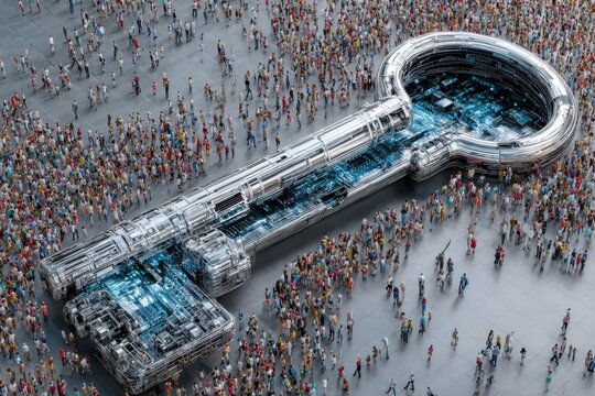 Large futuristic key in a bustling crowd at a technology convention