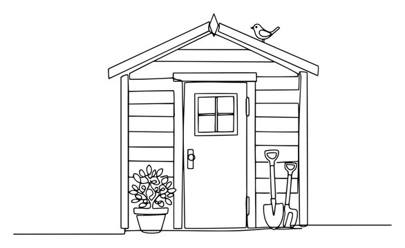 Garden storage shed with tools and potted plant in continuous one line art style