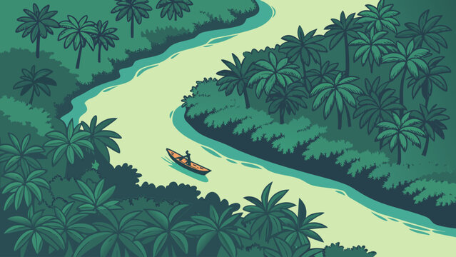Person rowing a small boat down a tropical river with rainforest, tropical