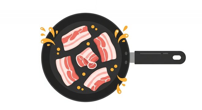 Top View Illustration of Sizzling Fresh Raw Bacon Strips Cooking in a Frying Pan with Hot Oil Drops and Splatters