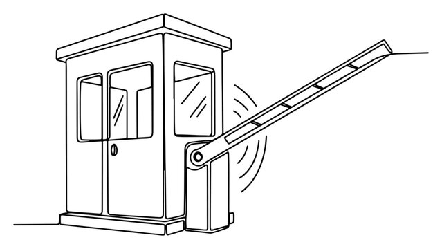 Guard booth security checkpoint cabin with raised barrier gate one line drawing style