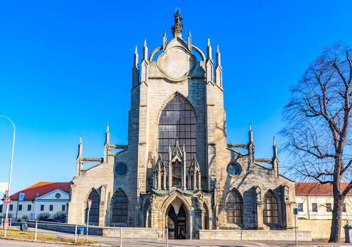 Front facade of the Cathedral of Our Lady at Sedlec, a UNESCO World Heritage site featuring unique Gothic-Baroque architecture by Jan Blazej Santini-Aichel.