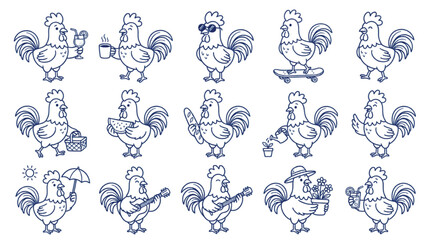 Hand drawn rooster character set, 15 funny chicken mascot icons in blue line art, cute farm bird illustrations for branding and stickers © Hinaa