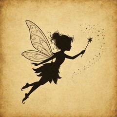 Vintage fairy silhouette with magic wand and pixie dust, mystical winged sprite on aged parchment paper, antique fantasy illustration for storytelling © Ziku